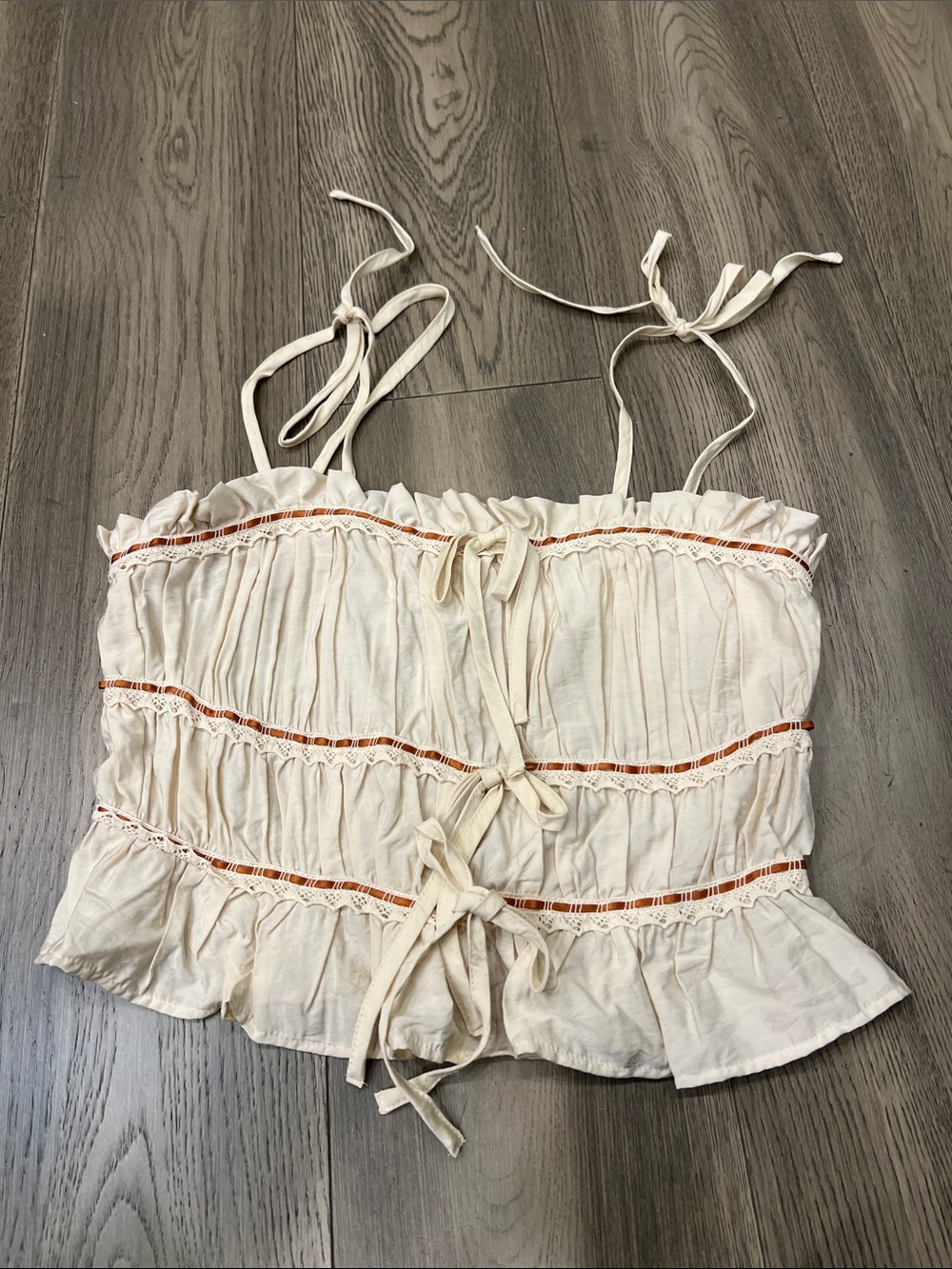 Women’s Cream Ruffle Tie-Front Cami with Embroidered Trim